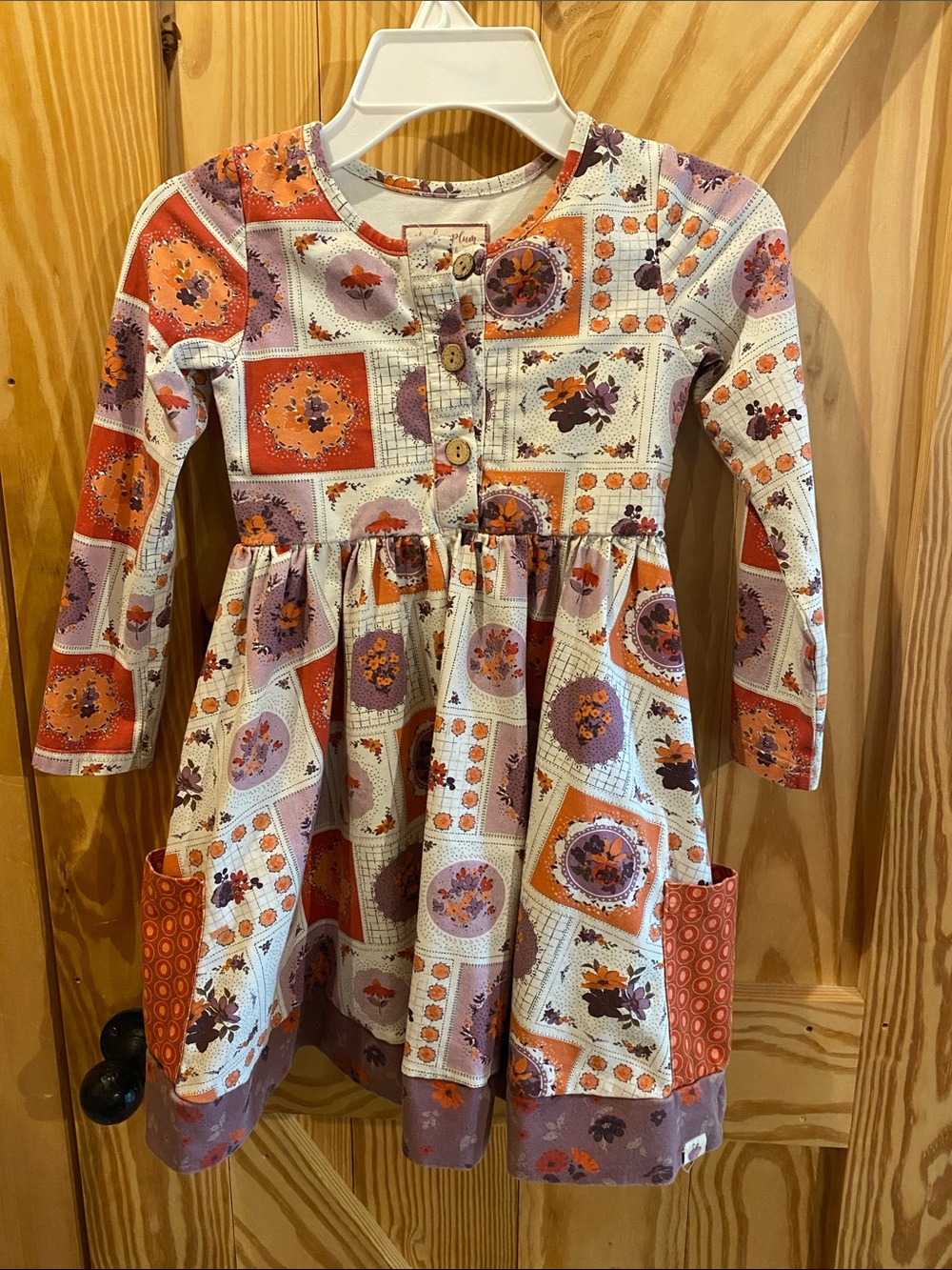 Cheeky Plum - Girls' Floral Patchwork Long-Sleeve Dress - Orange & Lavender